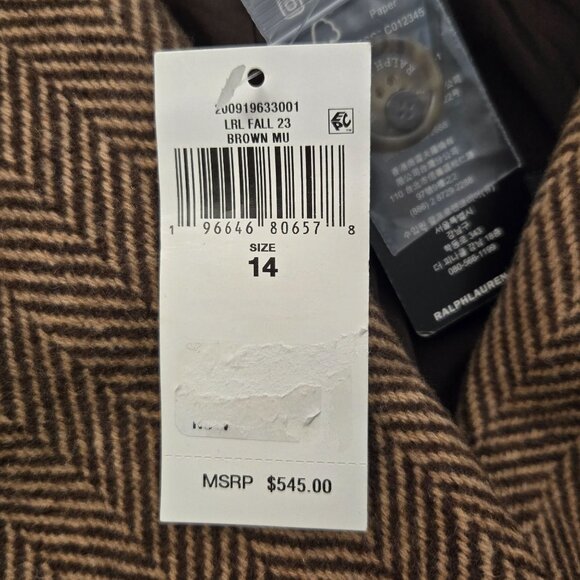 Ralph Lauren Double-Breasted Herringbone Coat 14 Tan Multi Wool Academia NWT - Picture 9 of 13